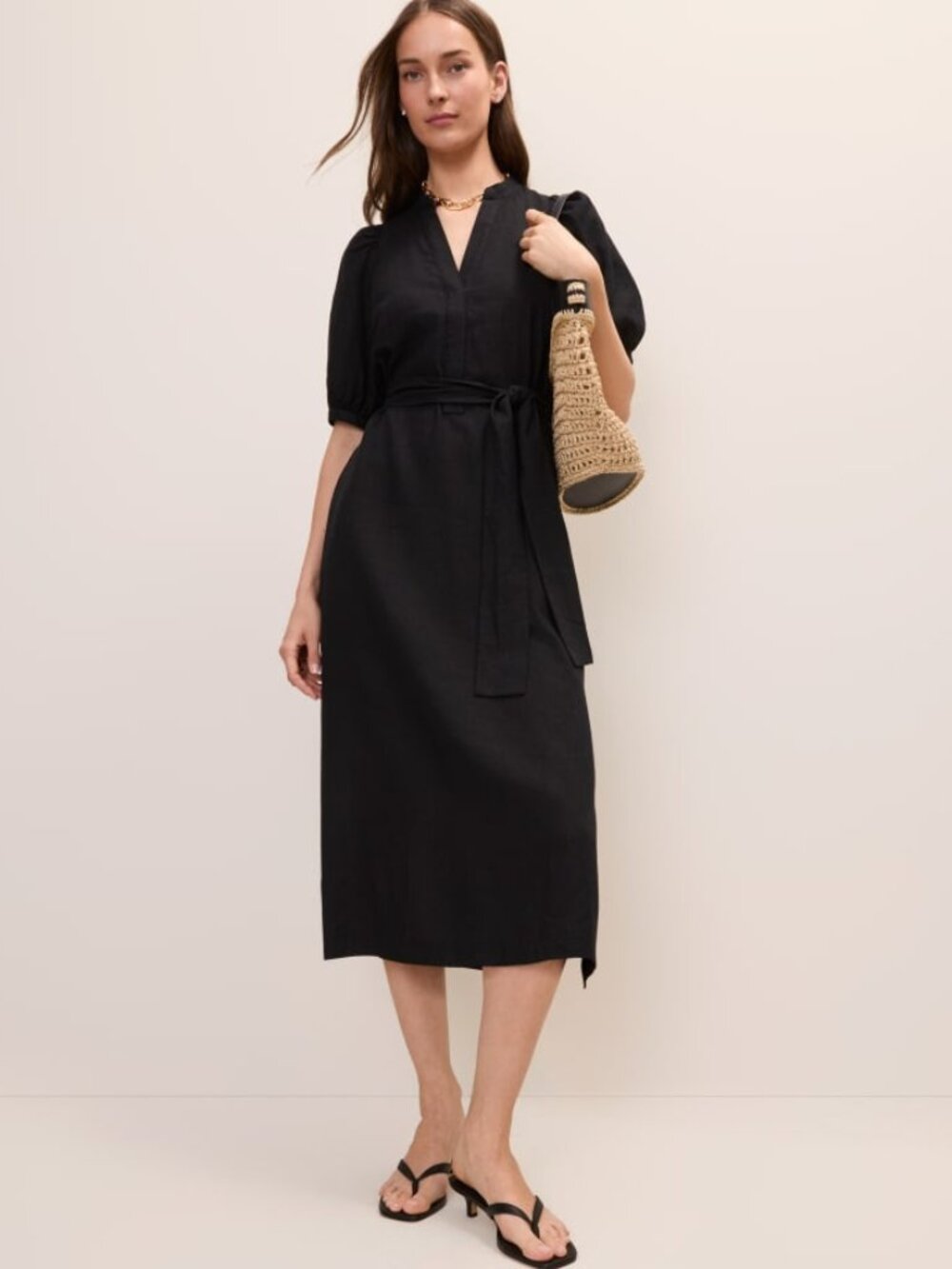 Petite XXSmall, Puff Sleeve Midi Dress in Linen Blend Black Dress